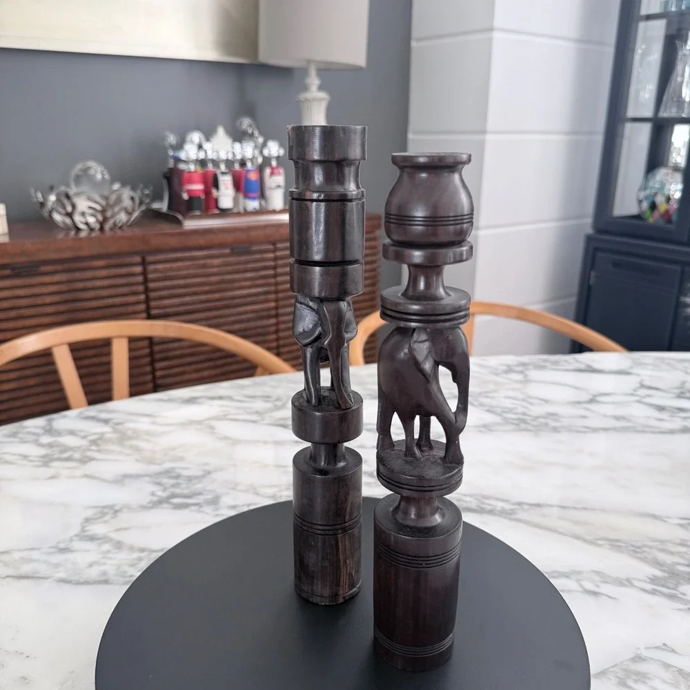 Wood Candlesticks‎ with Elephant, Set of two